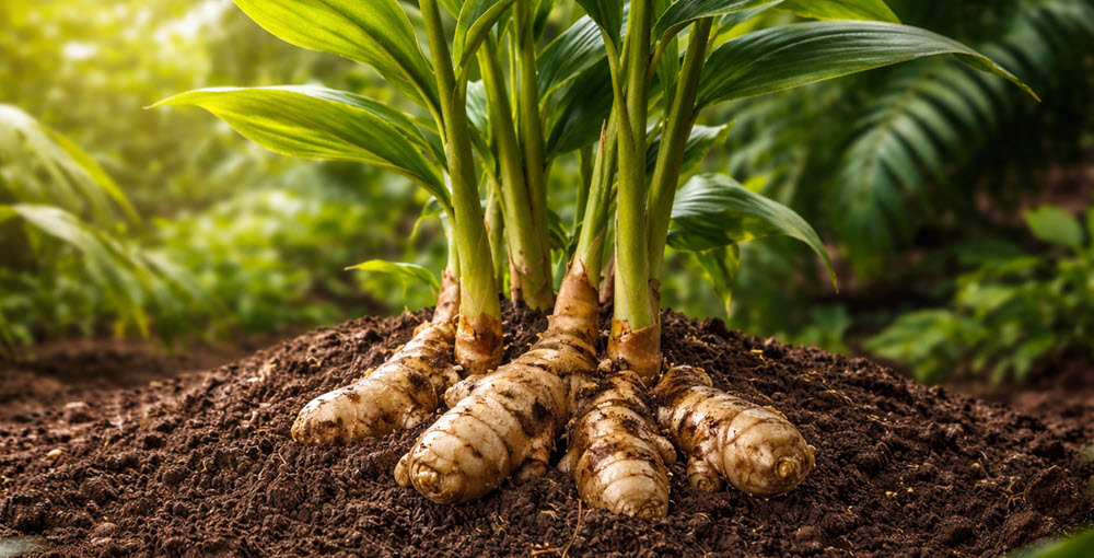 Ingwerpflanze mit unterirdischem Rhizom – Zingiber officinale